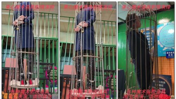 【束心工作室】兰兰空姐装，12厘米高跟靴，脖手脚连铐，鸟笼站立拘束游戏