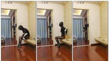 【一只萌熊】自缚16cm高跟电击肛钩头套口球绑腿脚铐拿钥匙